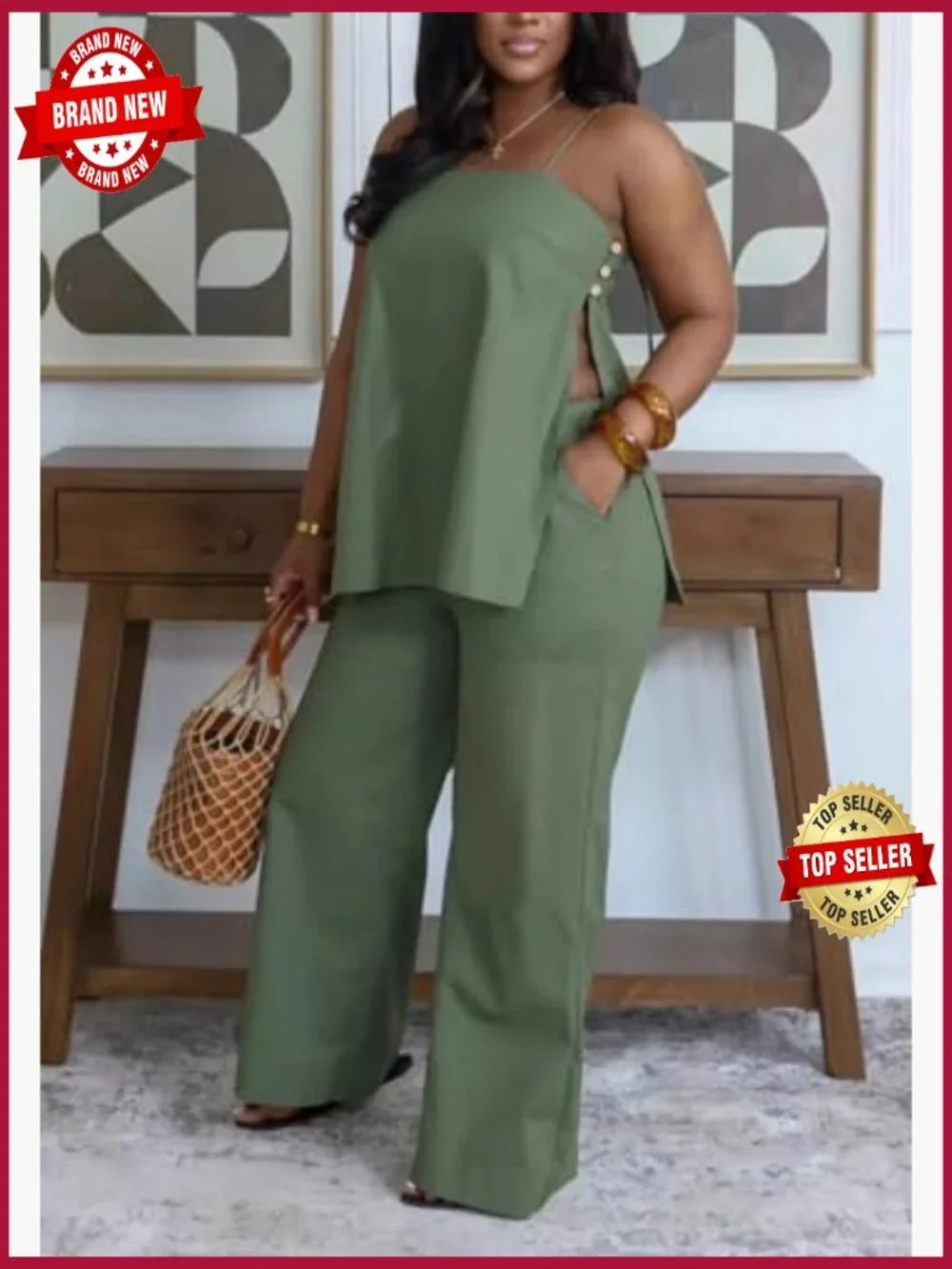 2 Piece Linen Lounge Set Slit Cami Top Baggy Pants Plus Size - Picture 6 of 7